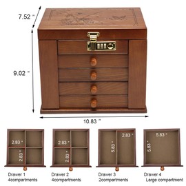 FEECOZ Wooden Jewelry Box for Women, Jewelry Storage Box with Combo Lock for Jewelries, Necklaces, Rings, Vintage Style 4-drawer Organizer Box with Mirror (Dark Brown)