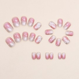 Pink Press on Nails Short Square Fake Nails Butterfly False Nails Aurora Pink Acrylic Nails Glossy False Nails Star Glue on Nails Cute Artificial Nails for Women Girls Manicure Decoration 24Pcs