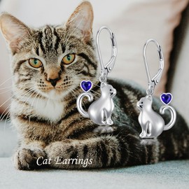 LONAGO Cat Earrings for Women 925 Sterling Silver Cute Cat with Heart Shaped Birthstone Dangle Earrings (September)
