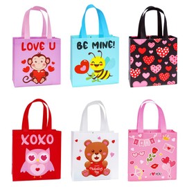 Colodeol 6PCS Valentines Tote Bags Non-Woven Valentine Bags with Handles Treat Bags for Kids,Reusable Valentines Goodie Candy Snack Bags for Party Favors