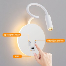 ERWEY LED Reading Lamp 3 W + 8 W Gooseneck Lamp Bed Lamp Wall Lamp with Switch and USB Charging Interior Lighting for Bedroom Living Room Office Hotel White