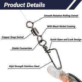 QISHUO Barrel Stainless Snap Swivels Strength Saltwater Lure Connector Fishing Steel Clips Fishing Swivel Rolling Black Nickel, 50pcs, 15lbs