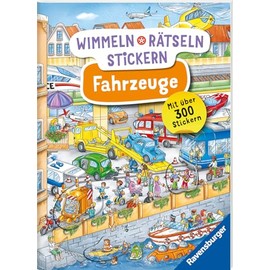 Ravensburger Wimmeln, Rätseln, Stickern: Fahrzeuge - Stickerbuch ab 4 Jahren, 13 Wimmelbilder, über 300 Sticker, Fahrzeuge