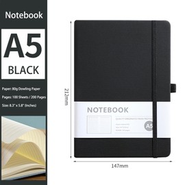makanu Lined Notebook, A5 Size, 5.8'' x 8.3'', Black Cloth Cover, Journal NoteBooks, Diary Notepad, 200 Pages, 80 GSM Thick Paper, Hardcover, School & Office Supplies, Writing, Travel