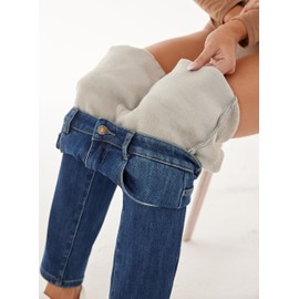 Women's Winter Fleece Lined Jeans Girlfriend Mid Rise Casual Thermal Sherpa Warm Denim Jean Classic Blue