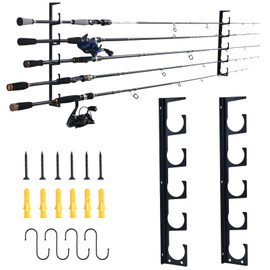 Goture Fishing Rod Holders for Wall or Celling with 4pcs S-shape Hooks, Store 5 Fishing Rods or Combos, Horizontal Fishing Pole Holder, Black Fishing Pole Storage, Fishing Pole Holders for Garage