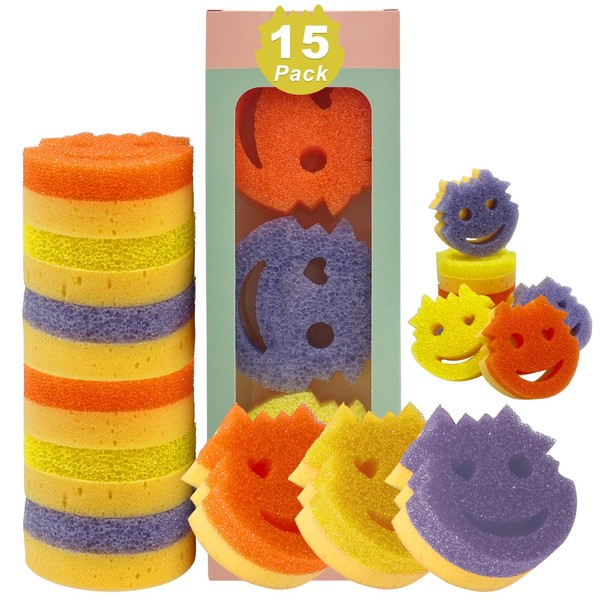 15 Pack Dual-Sided Kitchen Dish Scrub Sponges, Saiqiang Scratch-Free Multipurpose