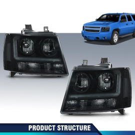 PIT66 LED Headlights Assembly Front Headlamp Compatible with Chevy Tahoe Suburban 1500 2007-2014, Fit Chevy Avalanche Suburban 2500 2007-2013 GM2503263 Smoke Lens Black Housing Clear Reflector