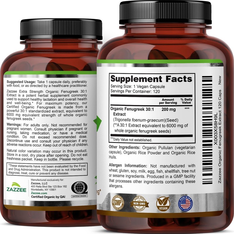 Zazzee USDA Organic Fenugreek 30:1 Extract, 6000 mg Strength, 120