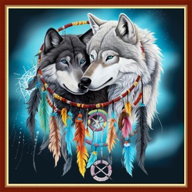 Findvoor Stamped Cross Stitch Kits for Beginners Full Range of Cross Stitching Embroidery Pattern for Kids or Adults, 11CT DIY Needlepoint Embroidery Starter Kits-Wind Chime Wolf 17.7x17.7 inch