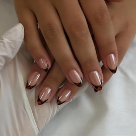Uñas postizas cortas cuadradas con punta francesa color ámbar cromado, uñas postizas de carey, uñas postizas reutilizables con pegamento brillante y d