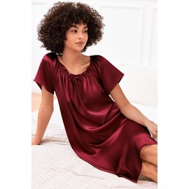 Ekouaer Women's Satin Silk Pleated Nightgown Loose Sleepwear Printed Nightshirt Short Sleeve Sleep Dress Wine Red