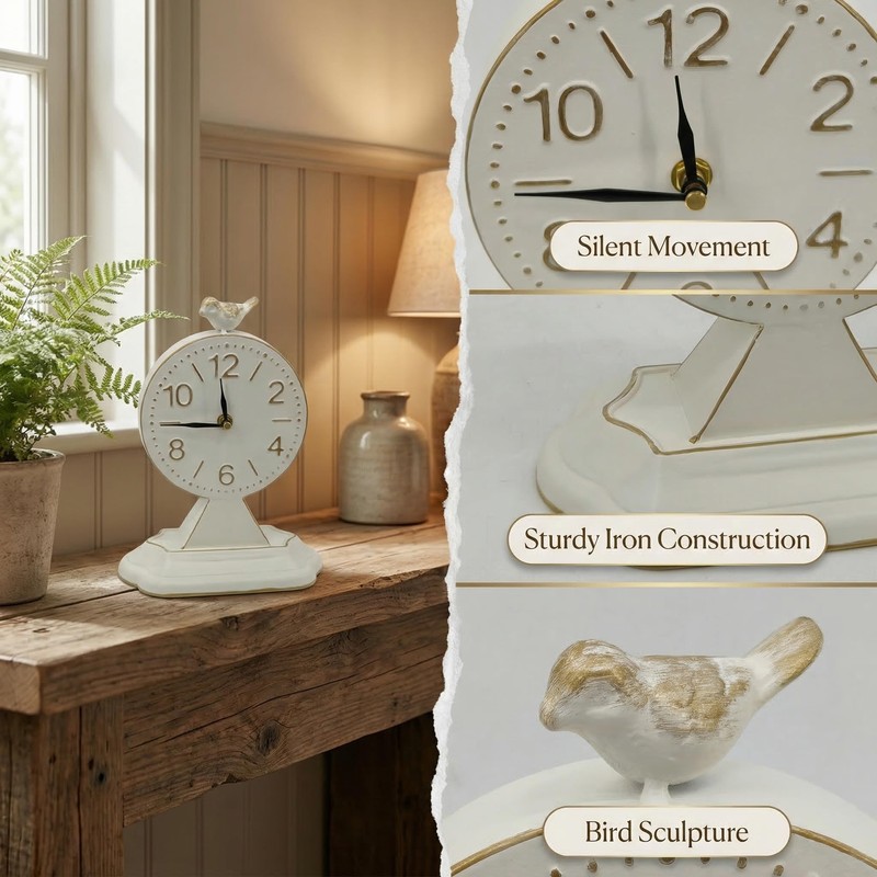 Vintage 10-Inch Cream White Table Clock with Bird Sculpture, Rustic