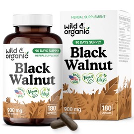 Wild & Organic Black Walnut Hull Capsules 900 mg - Detox & Cleanse Support - Black Walnut Supplement - Juglans Nigra Herb Powder - 90 Days of Supply - Vegan, No Fillers, Non-GMO - 180 Count