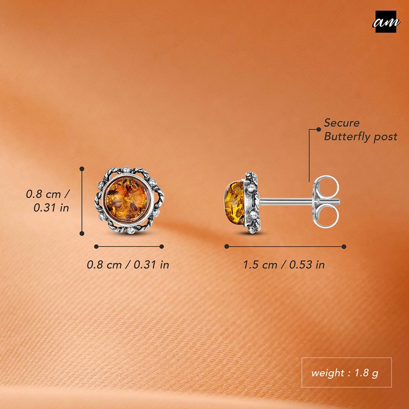 Amberta 925 Sterling Silver with Baltic Amber - Stud Round