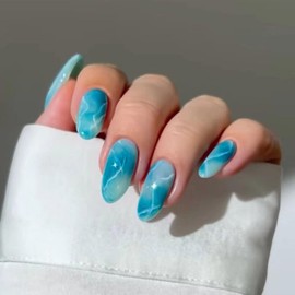 IMSOHOT Blue Press on Nails Short Oval Fake Nails Glossy Glue on Nails Sea Wave Ombre Designs Full Cover Summer Round Acrylic False Nails for Women Girls