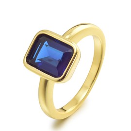RIZILIA CELEBOX Solitaire Engagement Ring with Emerald Cut Gemstones CZ [Blue Sapphire] in 18K Yellow Gold Plated, Celebrity Inspired by Angelina Jolie