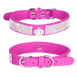 Haoyueer Rhinestone Dog Collar, Cute Iridescent Sparkly Soft Suede Dog Cat Rhinestone Collar with Crystal Diamonds for Pet Dog Puppy (S, Hot Pink-4)