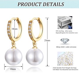 Pearl Dangle Earrings for Women, Sterling Silver Pearl Drop Hoop Earrings, Hypoallergenic Round Pearl Gold Hoop Earrings with AAA+ Cubic Zirconias | Jewellery Gifts for Birthday Weeding