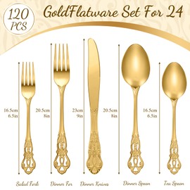 Dandat 120 Piece Generous Stainless Steel Flatware Set Luxury Gold Cutlery Set Service for 24 Vintage Silverware Set Retro Kitchen Utensil Set Include Fork Spoon Knife for Wedding Birthday Party