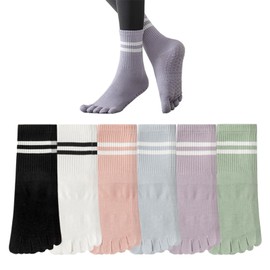 Dress Cici Half Crew Cotton 5 Toe Yoga Pilates Grip Socks for Women with Strips On Cuff (6 Set: Black+White+Pink+Purple+Blue+Green)