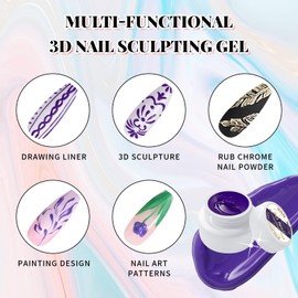 U-Shinein 3D Nail Sculpting Gel,Non Wipe Painting Nail Polish Gel with Nail Painting Pen for Art Carving Modeling,Rub Chrome Nail Powder,and Nail Painting UV/Led Manicure DIY, #Purple