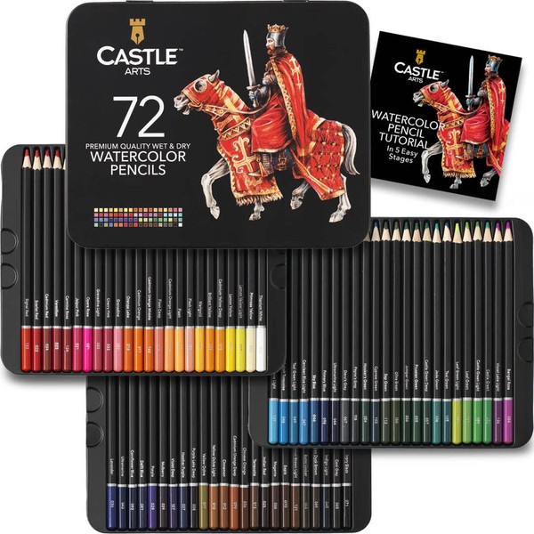 Castle Art Supplies 72 WaterColor Pencils Set | Premium Vibrant Pigments for Blending, Drawing and Painting | For Adults, Hobbyists and Professionals I Protected and Organised in Presentation Tin Box