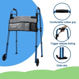 Loyoda Folding Walkers for Seniors, Medical Walker 5'' Front Wheel Lightweight Walker with Storage Bag and Skis Glides Height Adjustable Aluminum Compact Standard Walker （Blue）