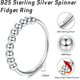 Milacolato 925 Sterling Silver Anxiety Spinning Rings with Beads Band Rings Fidget Rings for Anxiety Thin Stackable Rings for Women 10