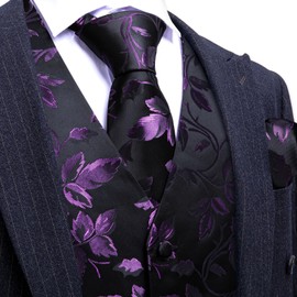 Barry.Wang Purple Black Flower Vest Waistcoat Formal Dress Tuxedo Classic Tie Handkerchief Cufflink Paisley