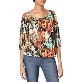 Star Vixen Women's 3/4 Sleeve, Front Tie Peasant Top, Light Floral, Petite/X-Large