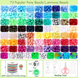 Ferreve 73 Colors 3700 Pcs Pony Beads for Bracelet Making Kit 64 Colors Pony Rainbow Letter Beads 9 Colours Glow in The Dark Beadwork Friendship Bracelet Jewelry Crafts with Elastic Cord