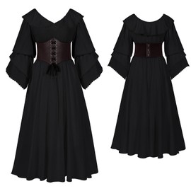 Leunsyoukin Vestido renacentista para mujer, vestido medieval, disfraz de feria con corsé, mangas acampanadas, cintura alta, vestido maxi