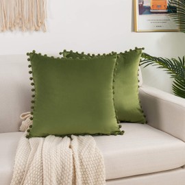 Elegant Comfort POM-POMS Fringe Velvet Cushion Covers Set of 2, Velvet Soft Solid Decorative Square Throw Pillow Covers Set Cushion Case for Couch Bed, Livingroom 18 x 18 Inch (45 x 45 cm), Sage/Green