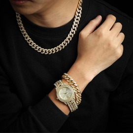 Halukakah Diamond Gold-Plated Watch, Men's 18 Carat Real Gold Plated/Platinum White Gold Plated Cuban Chain Band Quartz Bracelet 24 cm with Cuban Chain 20 cm Bracelet + 45 cm Necklace, Laboratory