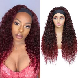 Yacurcur Curly Headband Wig Loose Water Wave Headband Wigs None Lace Wig Glueless for Women Synthetic 150% Density Burgundy Red 24 inch (BUG)