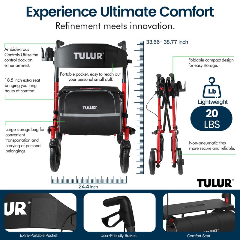 Rollator Walker with Seat, Walkers for Seniors, 10" Rubber Wheels