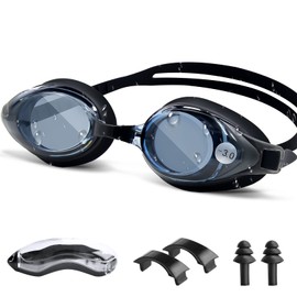 [Air Rope] Goggles, Swimming for Childrens/Adults (Black, -2.0), Mega Underwater Neswimming Gog, Swimming Goggles, Nose Belt and Ear Plugs, Antibacterial, UV Protection, Anti-Fog, Leak Proof, Unisex,