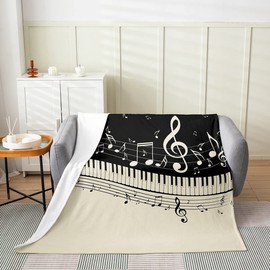 jejeloiu Music All Season,Bed Blanket Musical Notes Black White Piano Key Plush Throw Blanket, for Sofa Couch Kids Room Decor Retro Flannel Fleece Blanket Set Throw 50"x60"