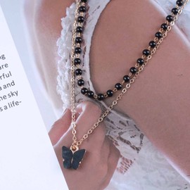 Erimberate Bohemian Black Rosary Bead Chain Necklace Layered Crystal Butterfly Necklace Gold Butterfly Pendant Necklace Layered Butterfly Choker Necklace Jewelry for Women and Girls Gifts