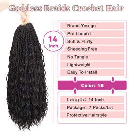 14 Inch Boho Box Braids Crochet Hair Bohomian Crochet Box Braids Curly Ends 7 Packs Pre Looped Goddess Box Braids Crochet Hair for Women, 1B