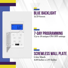 ENERLITES 7 Days Digital in-Wall Programmable Timer Switch for Lights, Fans, and Motors, Neutral Wire Required,7-Day 18 ON/Off Timer Settings, with Blue Backlight, UL Listed, HET01, White, 2 Pack