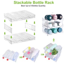 Stackable Bottle Rack Organizer for Refridgerator, Stackable Canned Food Pop Cans Container Water Tumbler for Fridge Pantry Rack Freezer, Clear Plastic Storage Bins,Holds 6-12 Long Bottles Cans Each
