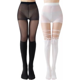 Tidefire Mock Thigh Tight High Long Tights Tights Socks for Women, Middle + White Bow