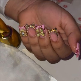 Short Press on Nails Duck Fake Nails Pink False Nails French Artificial Nails with Bow and Gold Charm Designs Glitter Acrylic Nails Press ons Rhinestones Stick on Nails for Women 24pcs