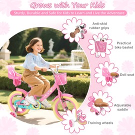 Glaf Girls Bike with Training Wheels and Basket Kids Bike for Girls Boys Age 2-12 Years Toddlers Bicycle with Bell Adjustable Seat Handlebar (16 Inch with Training Wheels and Kickstand, Flower Pink)