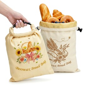 YOJO 2 Pack Reusable Beeswax Bread Bags for Sourdough, 17x13" XL Natural Beeswax Lined Bread Bag with Unique Zipper & Button, Long-Lasting Freshness Keeper for Homemade Bread