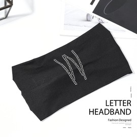 CAKURE Letters Crystal Headband Rhinestone Black Head Wraps Wide Knotted Head Band Turban Party Night Club Hairbands Glittery Hair Accessories for Women and Girls (W, Black)