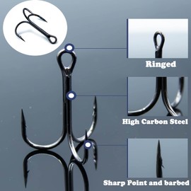 FishTrip - Ganchos agudos de pesca, color negro, 25 unidades por paquete, ganchos triples de acero de alto carbono, ganchos de pesca de repuesto en señuelos duros para agua dulce salada