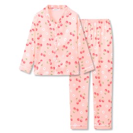 Beezizac Little & Big Girls Pajama Set Cherry Pink Satin Silky Soft Long Sleeve Cute 2-Piece Winter Jammies Kid Size 8